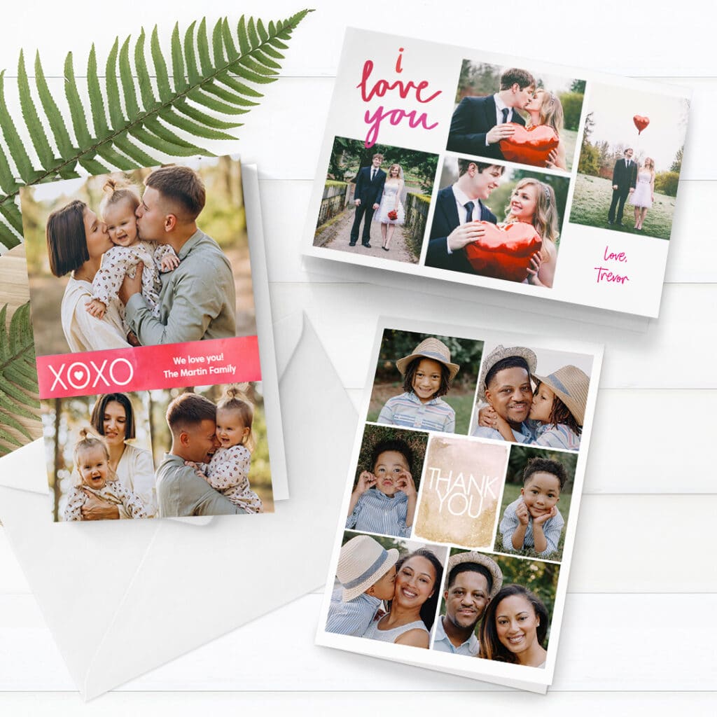 collage photo greetings cards with family images on a desk with fern leaves