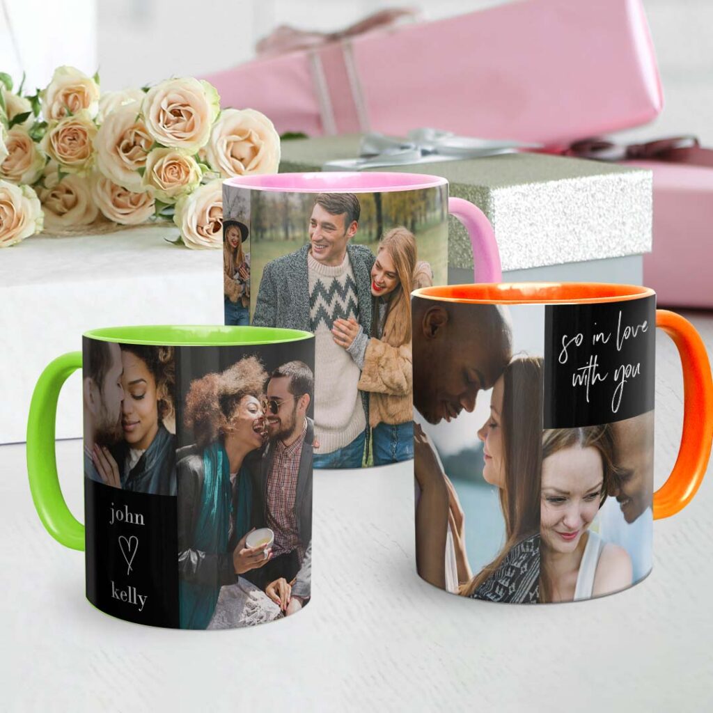 three coloured mugs in front of roses with new Valentine's Day designs