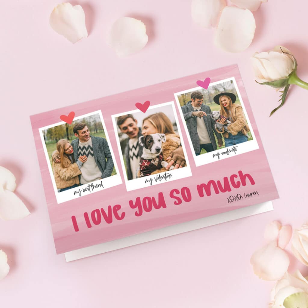 A fun, pink Valentine's day card with photos of happy couple laughing