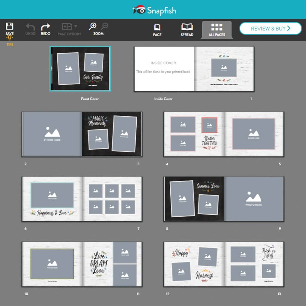 a display of all pages of a photo book in the Snapfish online builder