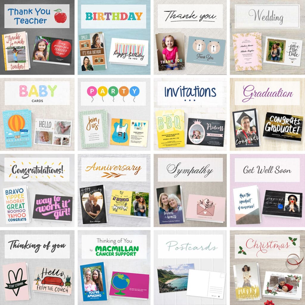 A collage picture showing 16 different cards categories available on the Snapfish site