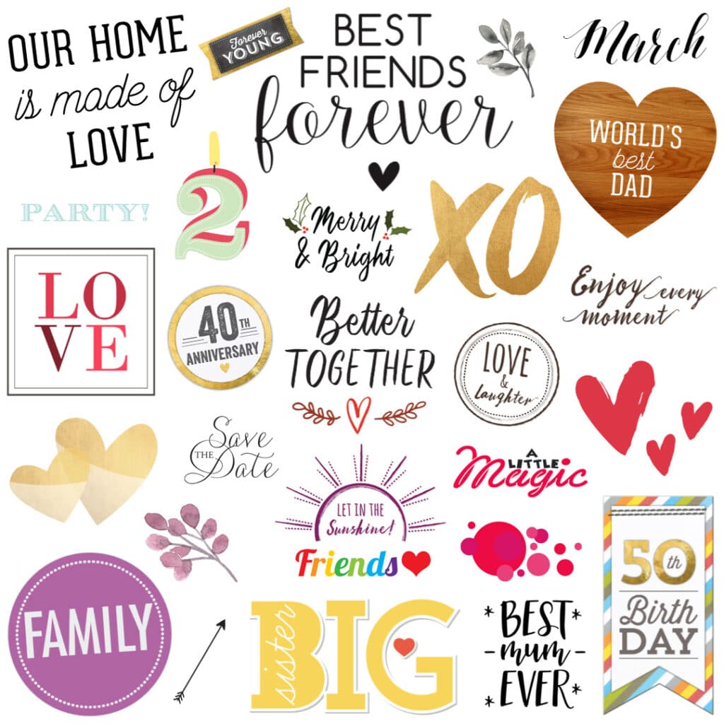 a variety of embellishments available in the Snapfish online photo books builder