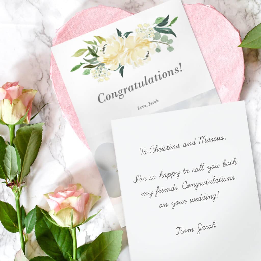 front and back of wedding day card with suggested sentiment for friend