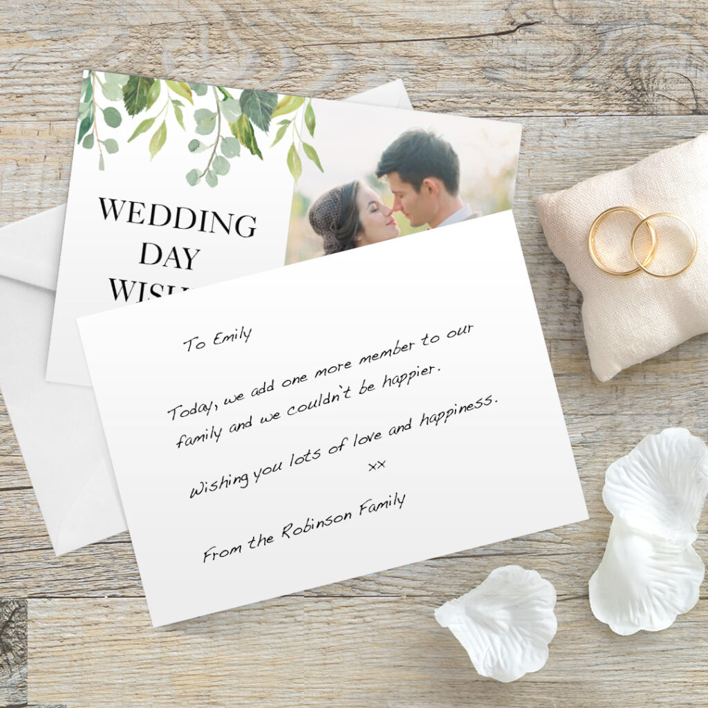 back and front of wedding day card, with message for new family member