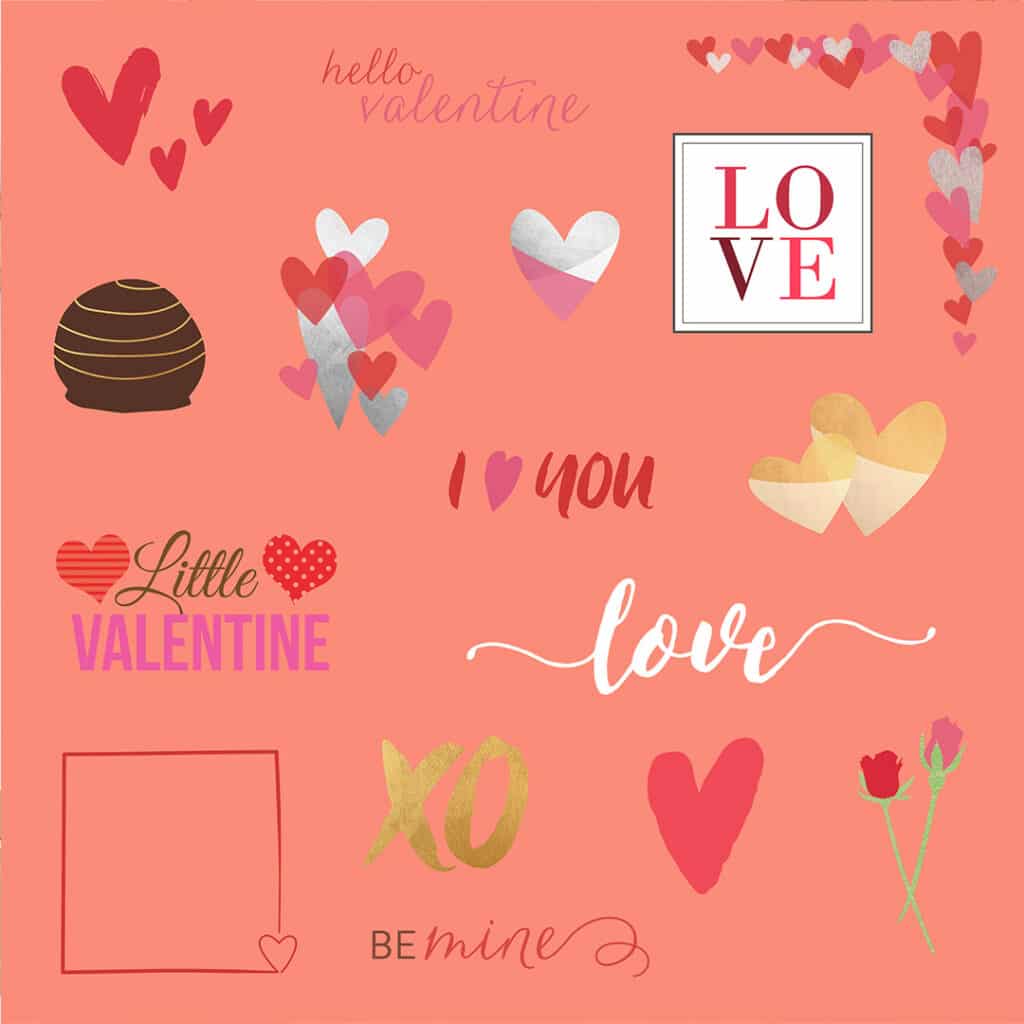 Lots of fun love and Valentine's themed digital stickers to embellish your Snapfish products
