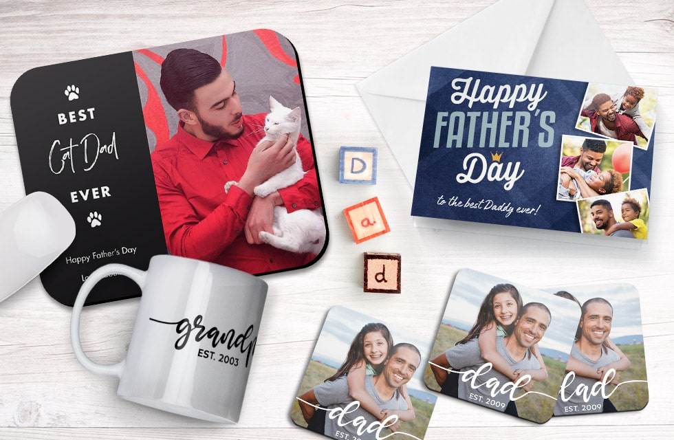 A collection of father's day gifts that can be customised with pictures