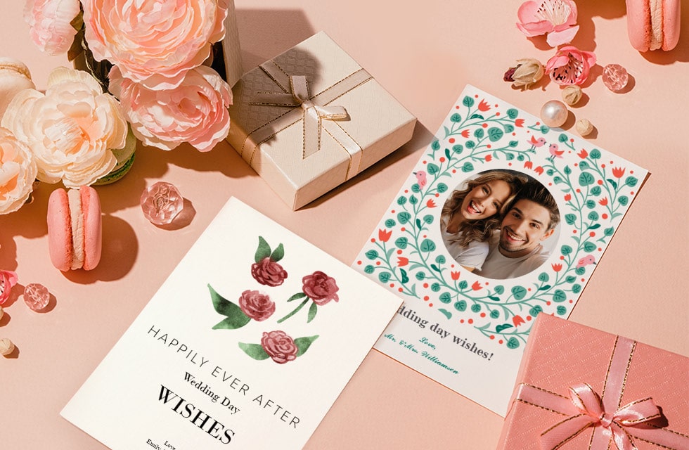 two wedding day cards surrounded by wedding decorations