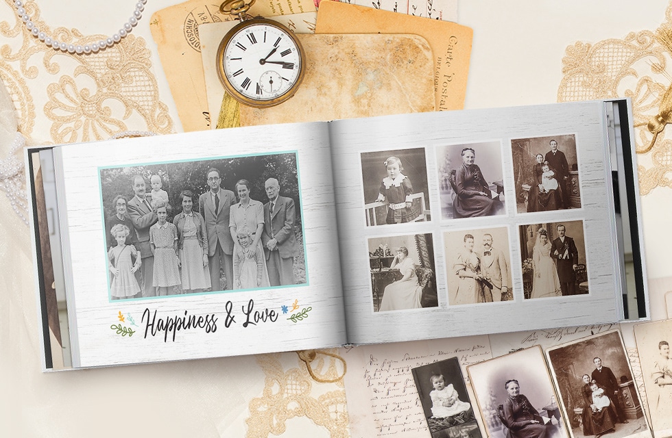 a beautiful open photobook with vintage family photos 