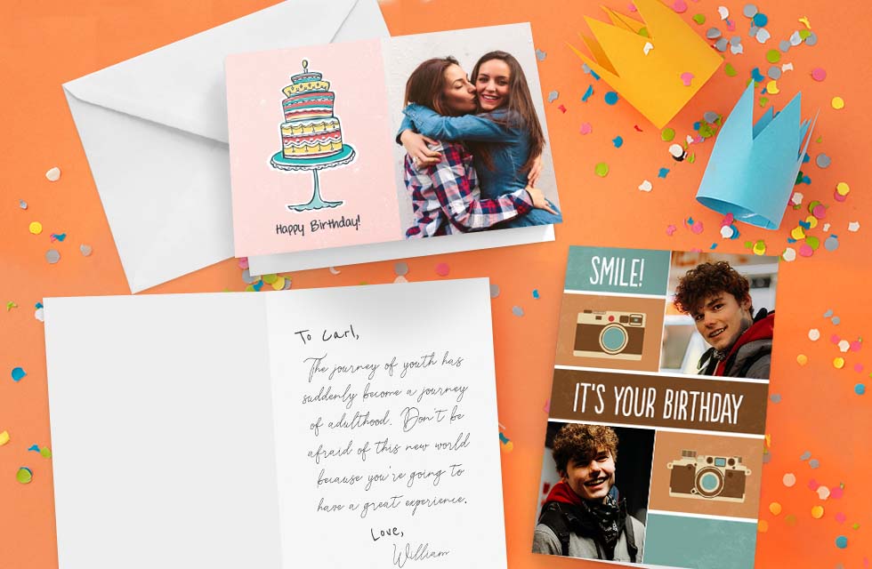 open and closed birthday cards on orange confetti background