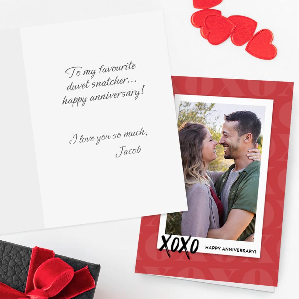 Create a custom card on Snapfish for your anniversary with unique card messages and photos of you