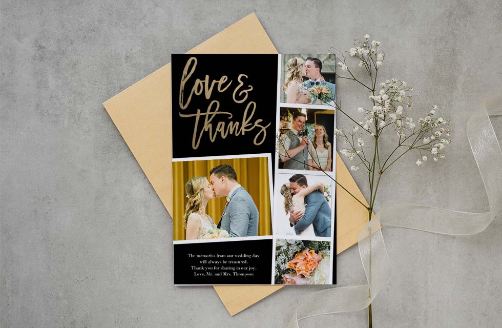 Print custom wedding thank you messages inside personalized wedding cards