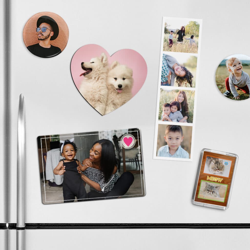 round, heart shaped, photo booth strip, square photo magnets