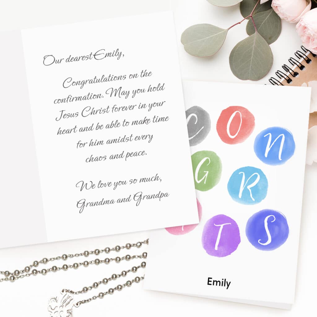 Print custom Confirmation messages in a personalized greeting card made with Snapfish.com