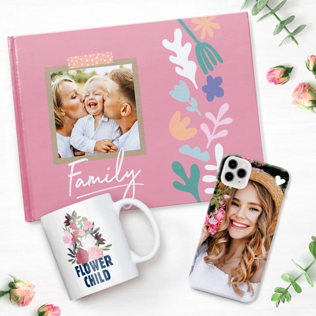 Create On-Trend Gifts With Snapfish like this Photo Book, Mug + Phone Case customized with Photos

