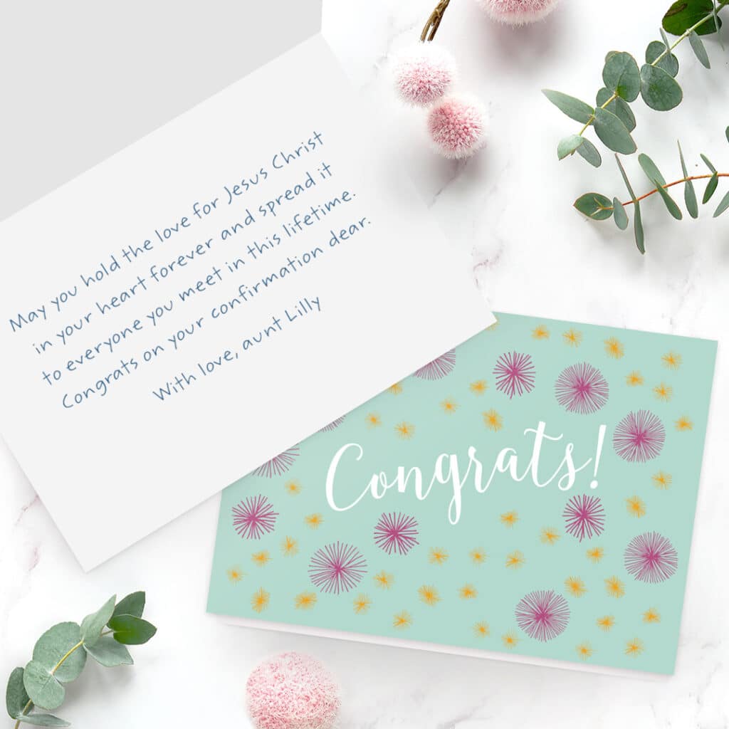 Print custom Confirmation messages in a personalised greeting card made with Snapfish.co.uk