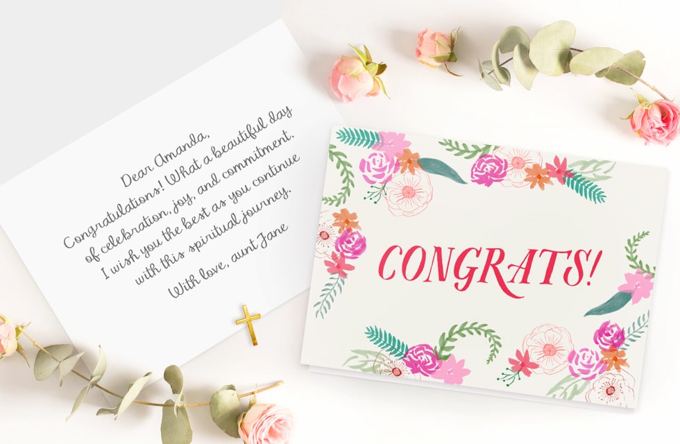 Print custom Confirmation messages in a personalised greeting card made with Snapfish.co.uk