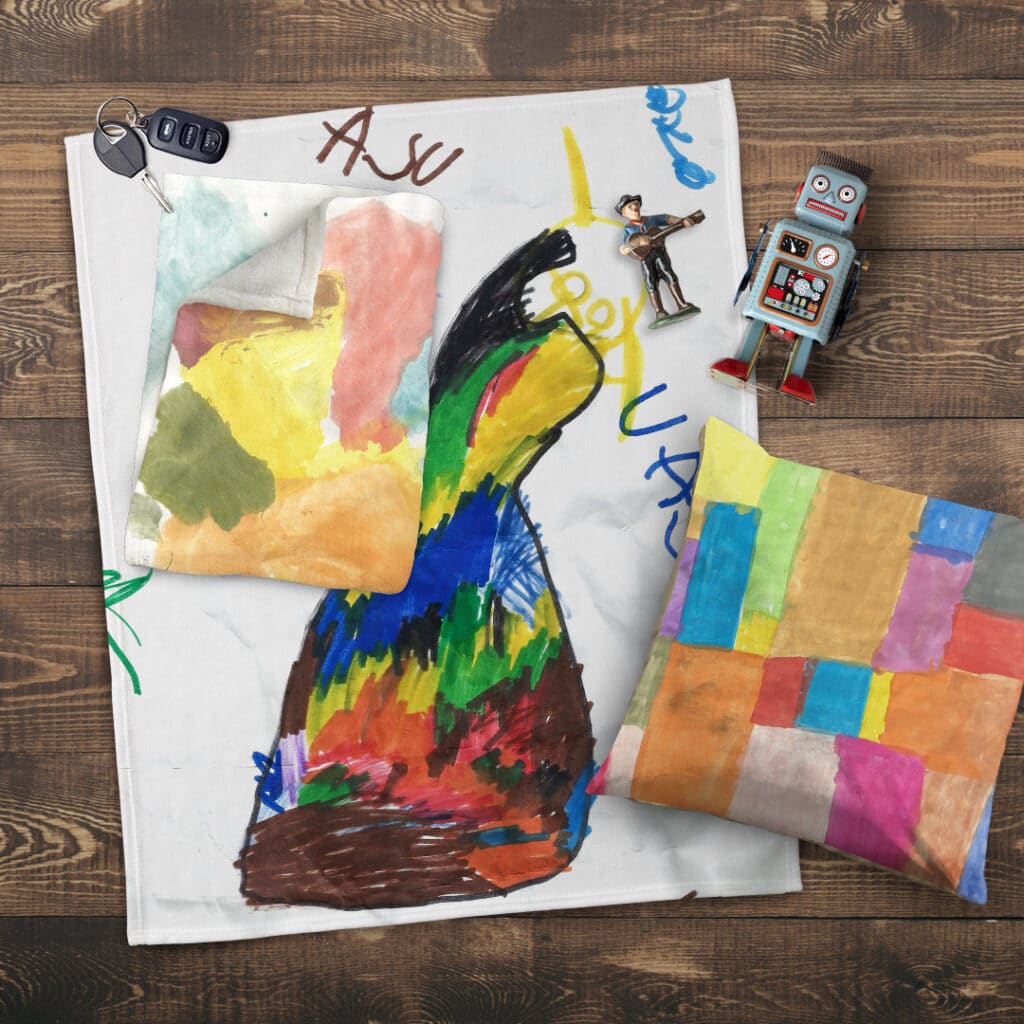 pillow and blankets customized with kid’s art