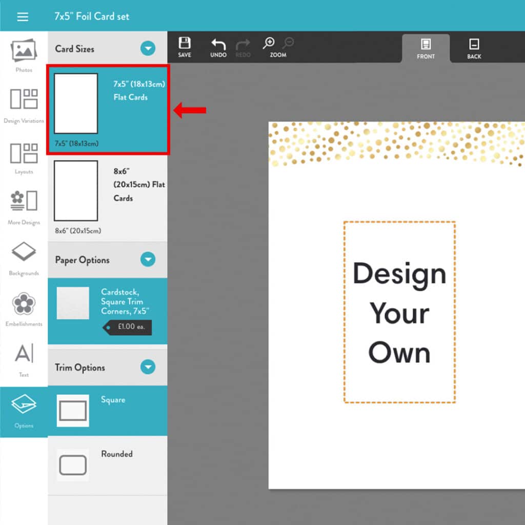 Design Your Own Card builder - choose size