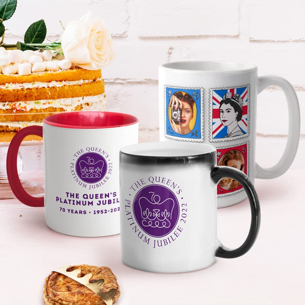 3 mugs personalised with the Queen's Platinum Jubilee designs