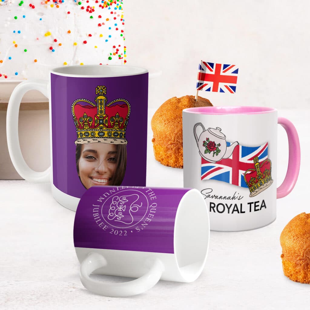 3 mugs personalised with the Queen's Platinum Jubilee designs