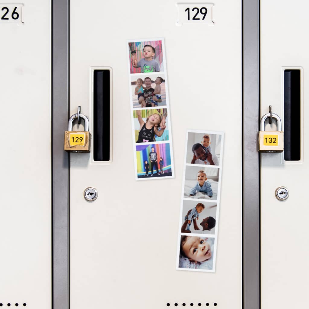 2 Magnetic Photo Booth Strips on a cabinet 