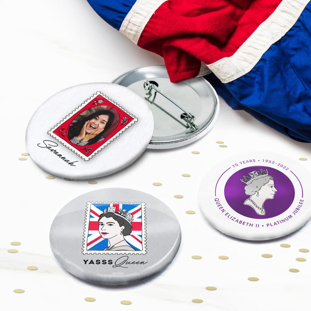 3 pin badges personalised with the Queen's Platinum Jubilee designs
