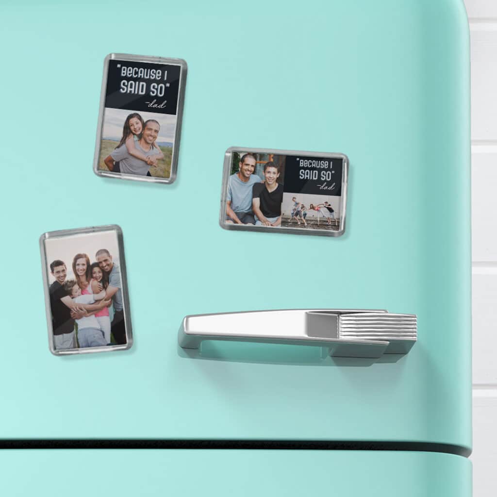 3 acrylic photo magnets on a light green fridge