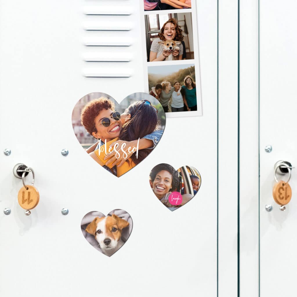 heart shaped magnets with prints of your best friends