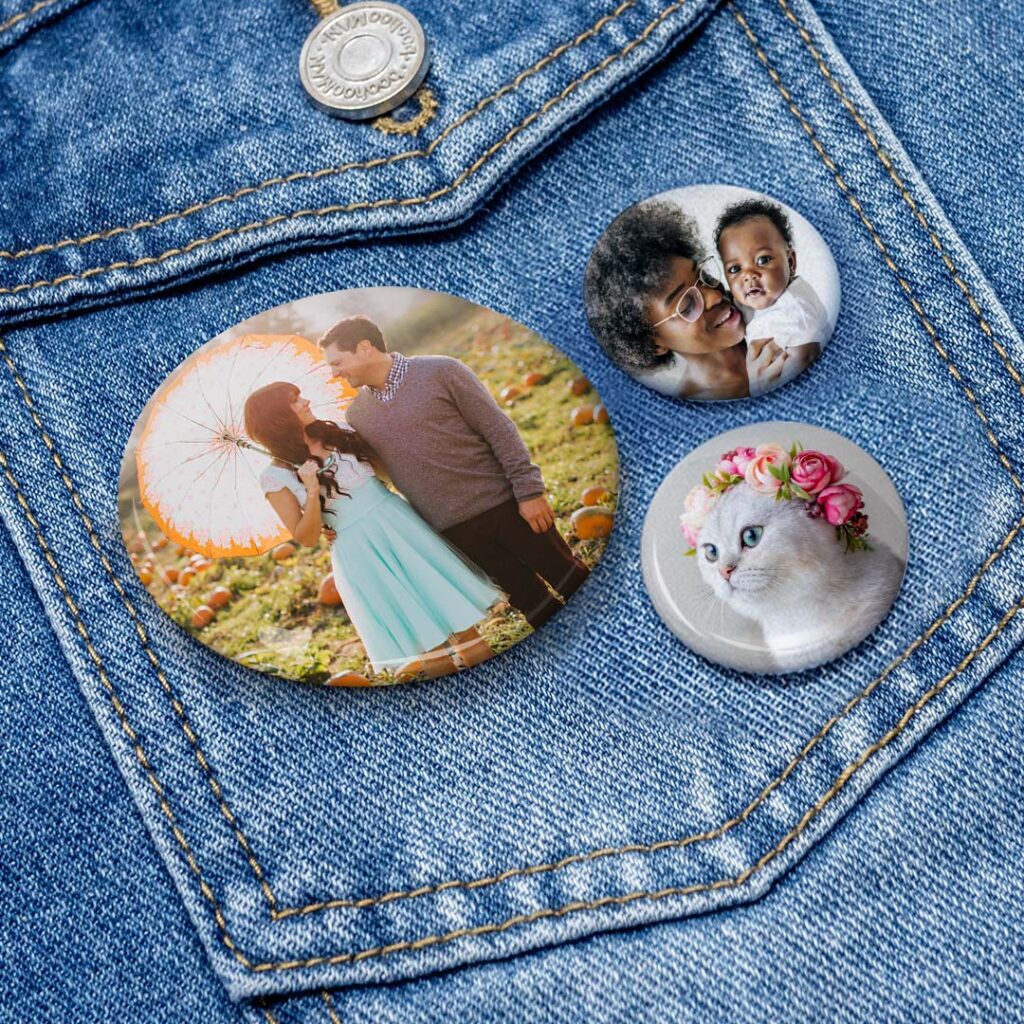 Selection of personalised pin badges on a jeans pocket