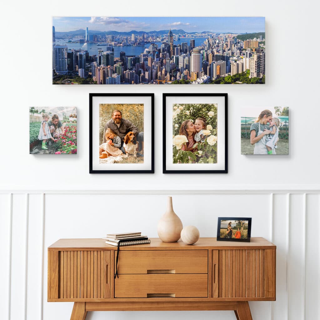 Mix and match photo print formats to create a unique photo wall display
