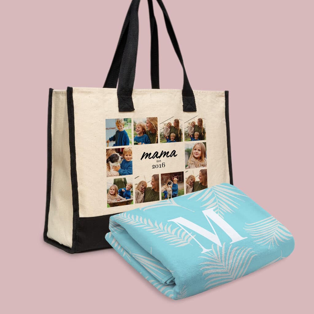 L-R - Large Premium Cotton Tote "Est Mama" | Personalized Beach Towel "Monogram Palm"