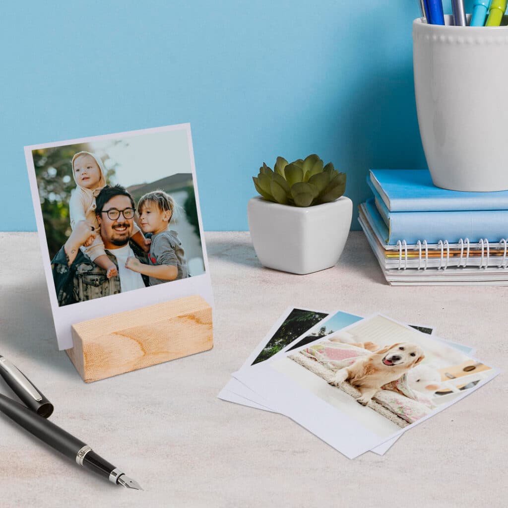 Wood Block Photo Prints on a desk