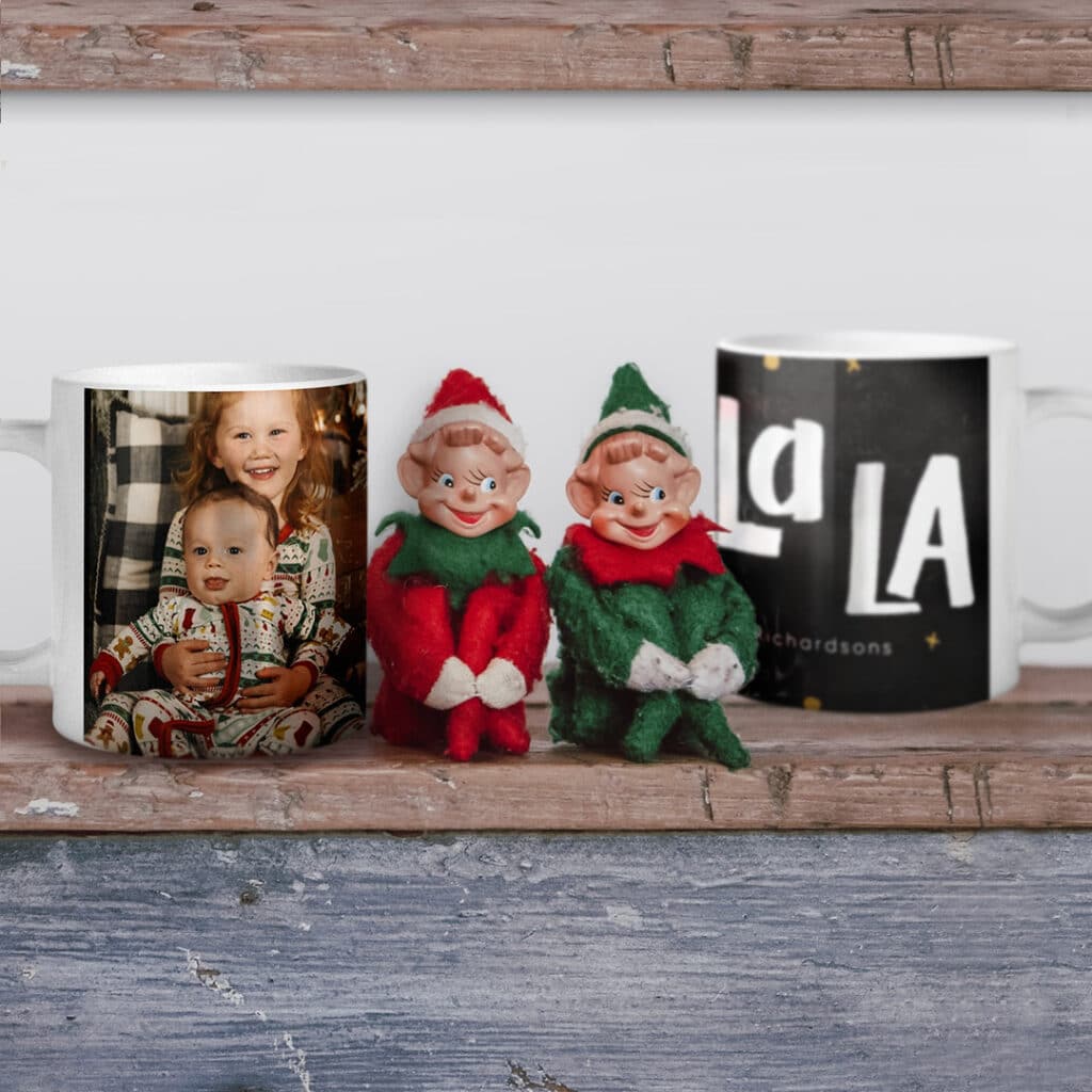 Hide your Elf next to custom Christmas mugs