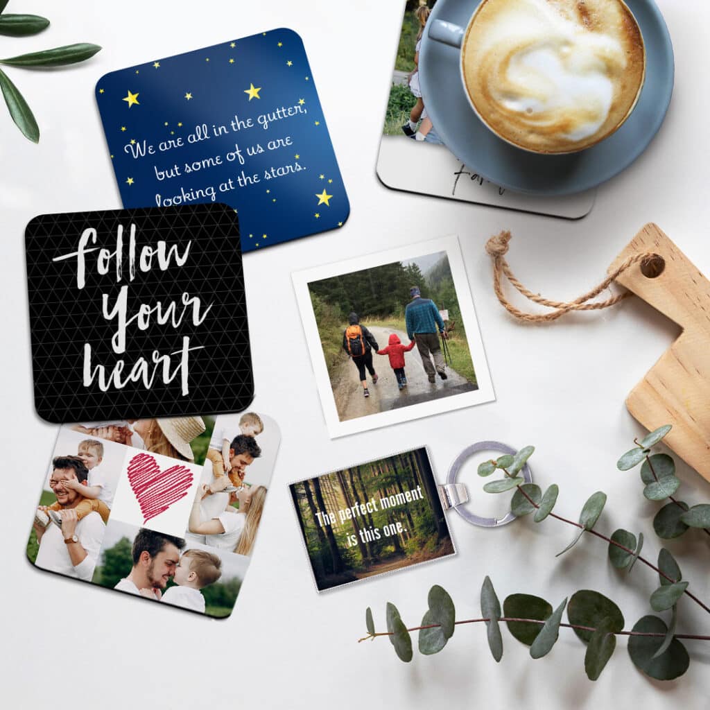 Birdseye view of Coasters, Mini Square Prints with a cup of coffee