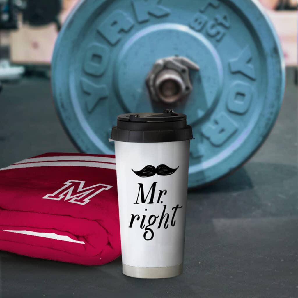 Travel mug & towel in a Gym environment