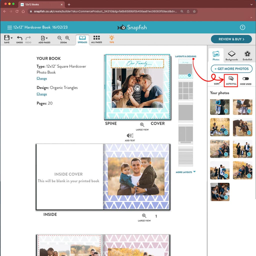 Photobook builder on the Snapfish website