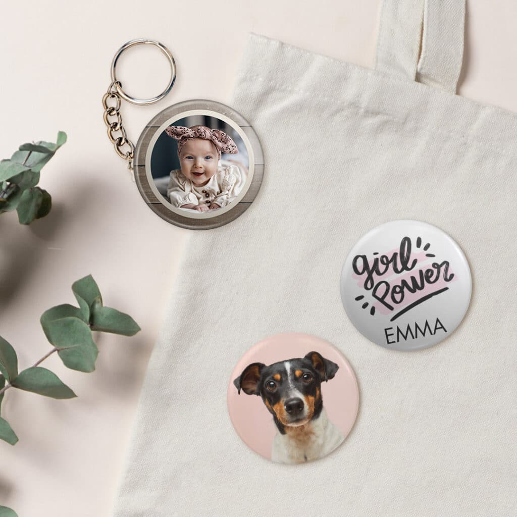 Selection of badges with a tote bag