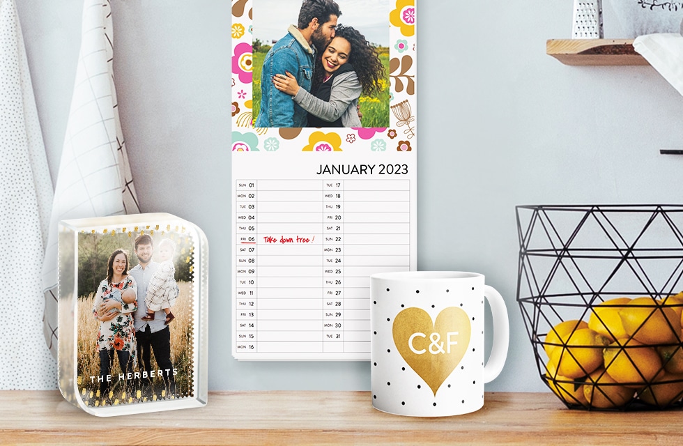 Selection of photo gifts displayed in a kitchen worktop