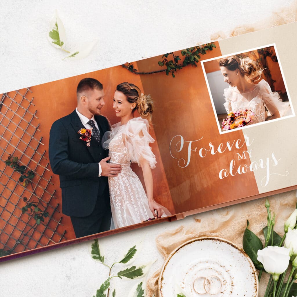 An open photo book of a wedding couple