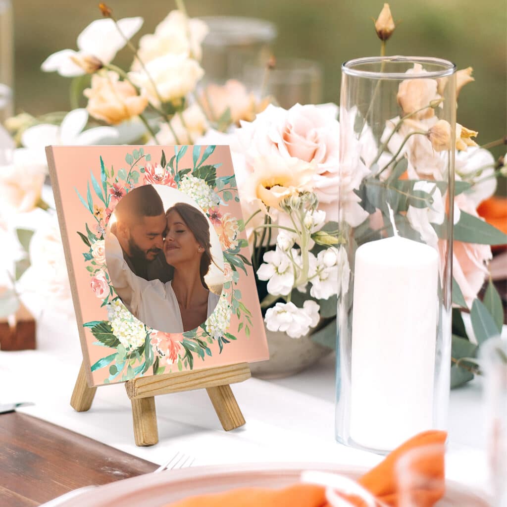 Ceramic tile with stand on a wedding themed table